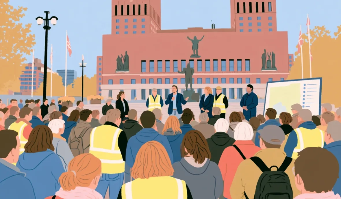 Illustrasjon av mennesker foran rådhuset