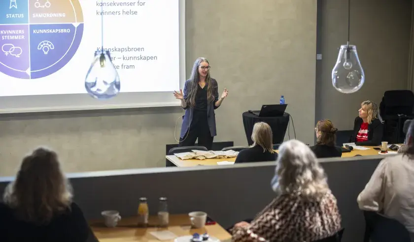Seniorr&aring;dgiver p&aring; kvinnehelse Liv Bj&oslash;rnhaug Johansen snakker foran salen full av mennesker om kvinnehelse p&aring; arbeidsplassen